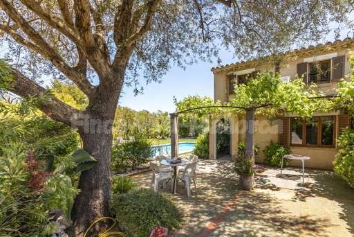 Finca Marinova Pollenca, Terrasse, Baumschatten, Pool, Esstisch