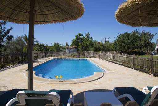 Finca Sareta Santa Margalida, umzäunter Pool, Sonnenliege, Sonnenschirm, Garten